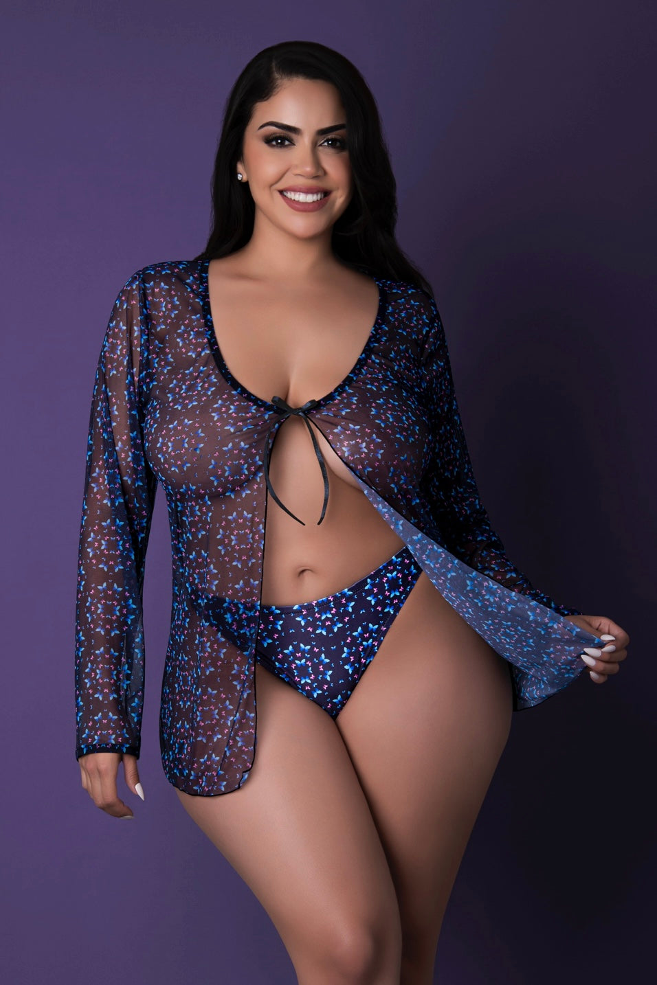 Plus size Tie Front Jacket & Thong Set butterfly