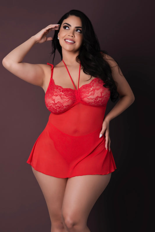 Plus size Baby Doll & Thong Set red