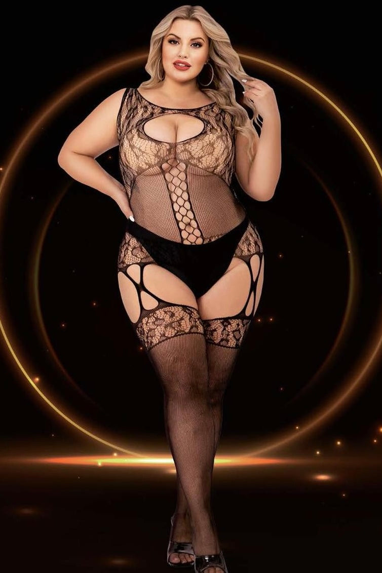 Plus size fishnet and lace catsuit bodystocking