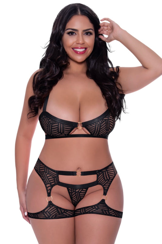 Balconette Bra &amp; Stirrup Thong Set - Curvynlingerie Plus Size 