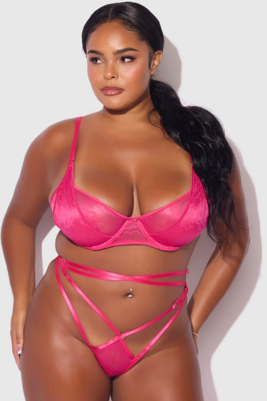 Plus size Flora bra and strappy thong set pink