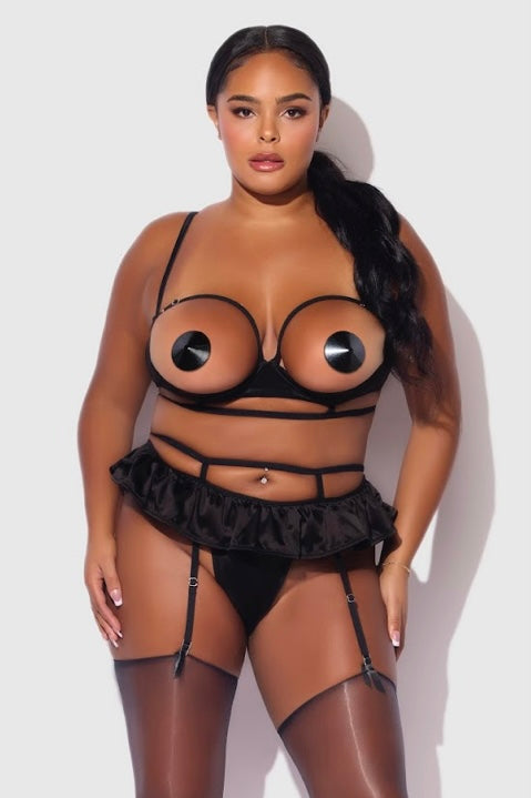 Plus size Brigeta satin open cup bra , skirt and thong