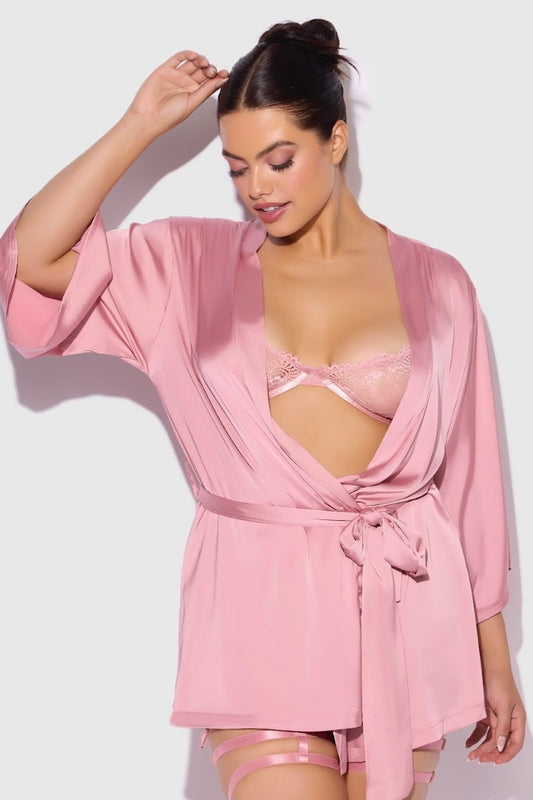 Plus size Helena satin and lace back short robe pink