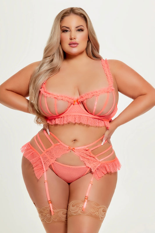 Plus size Portia bra, garter and thong set siesta