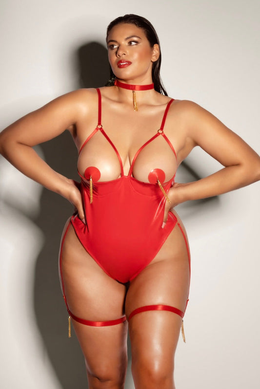 OPEN SHELF CUP VINYL AND MESH TEDDY RED - Curvynlingerie Plus Size 