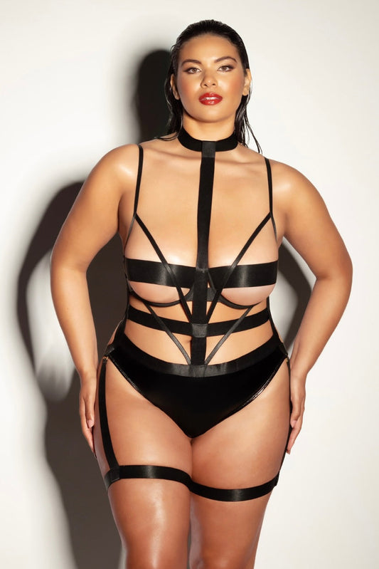 Plus size UNDERWIRE PEEK A BOO VINYL TEDDY-Curvynlingerie Plus Size.com