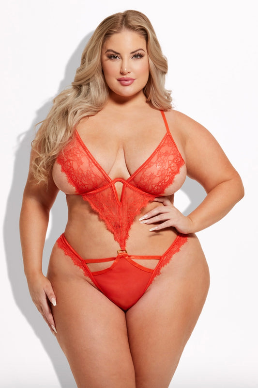 Plus size Nadia lace and mesh cutout teddy grenadine