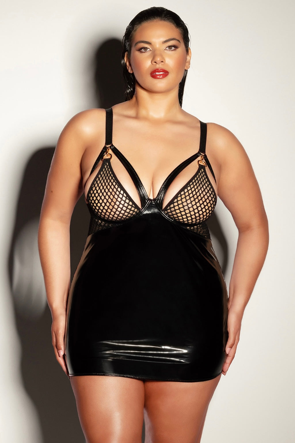 Plus size fishnet and vinyl chemise-Curvynlingerie Plus Size