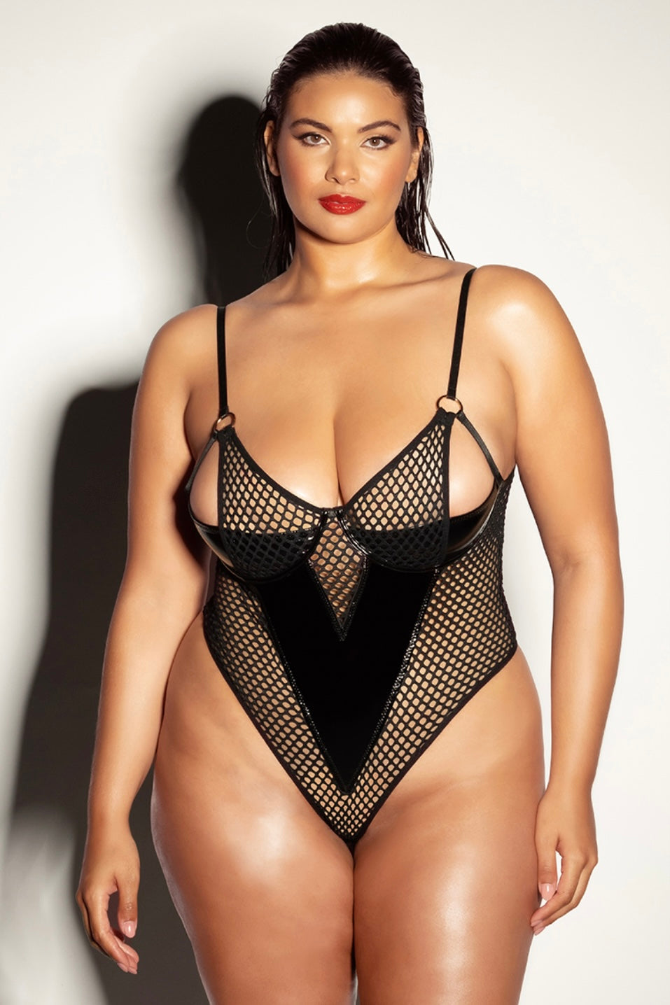 Plus size FISHNET AND VINYL PEEK A BOO TEDDY-Curvynlingerie Plus Size.com