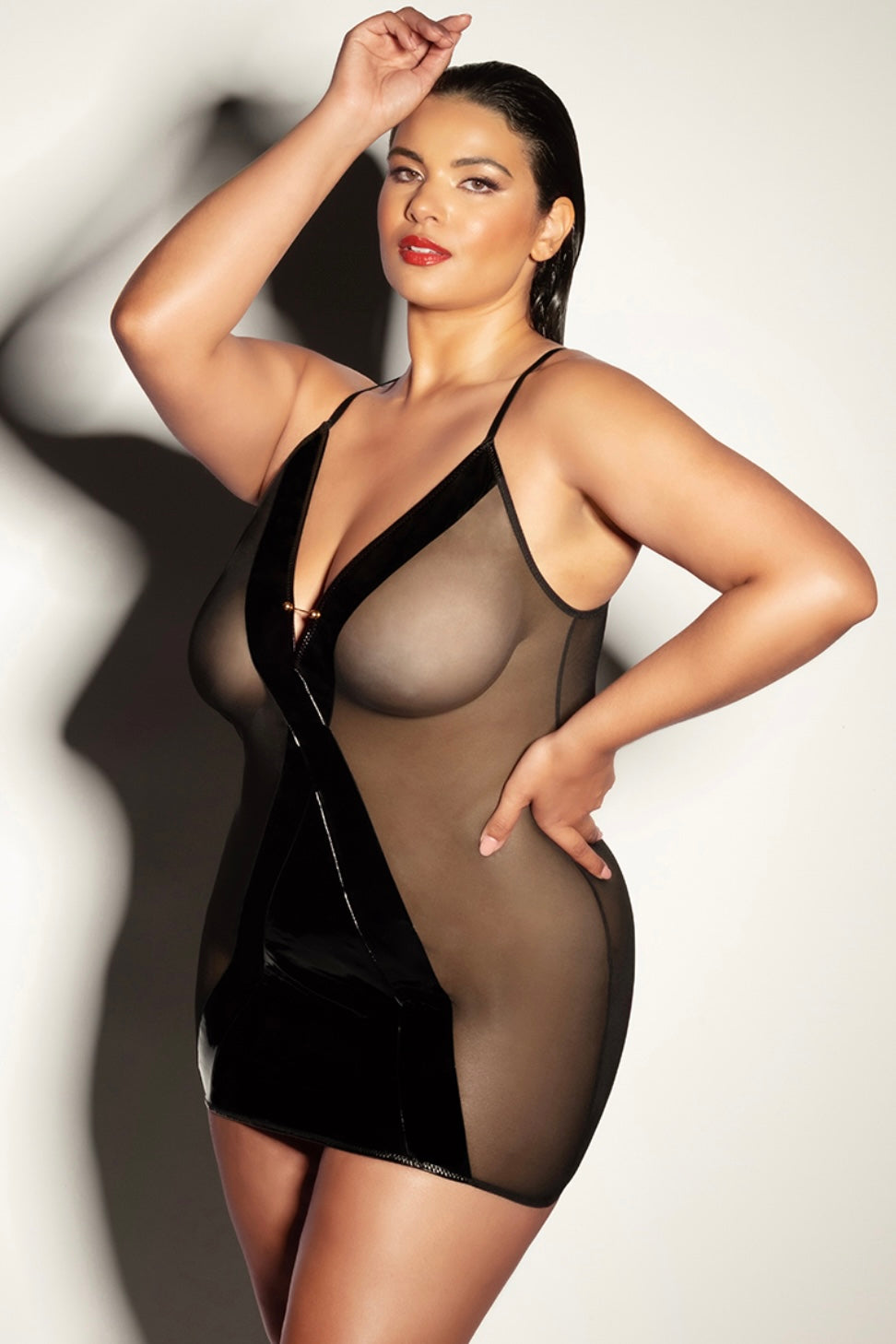 Plus size babydoll with vinyl and mesh