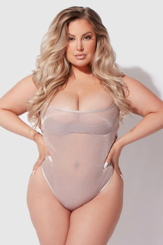 Plus size Yvonne shimmer mesh bodysuit silver