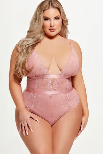 Plus size Helena lace and satin and open back pink
