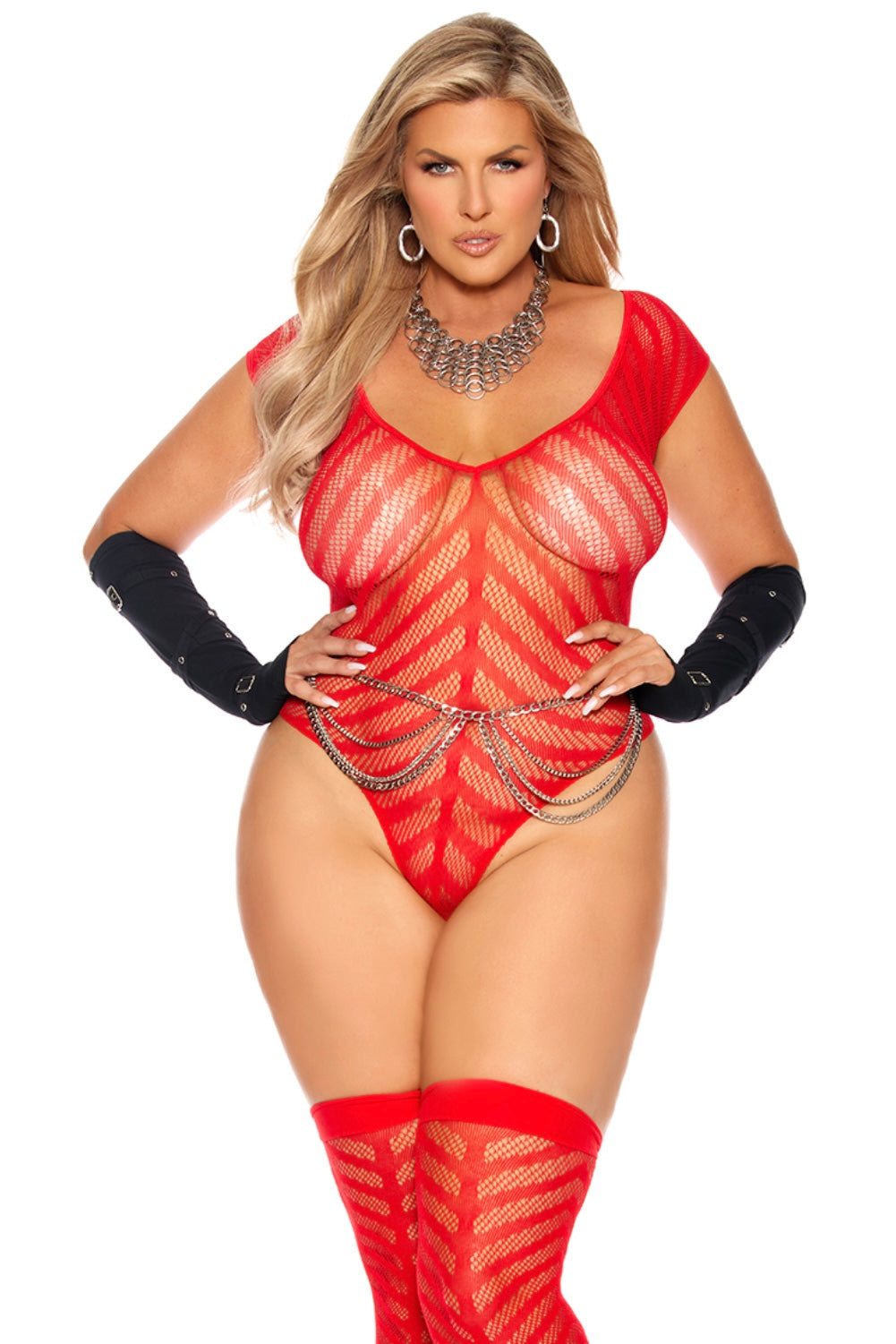 Plus size Chevron striped crochet deep V teddy-Curvynlingerie Plus Size.com