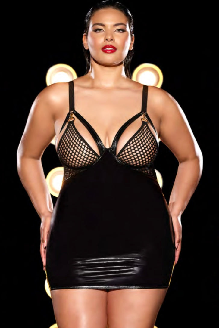 Plus size fishnet and vinyl chemise