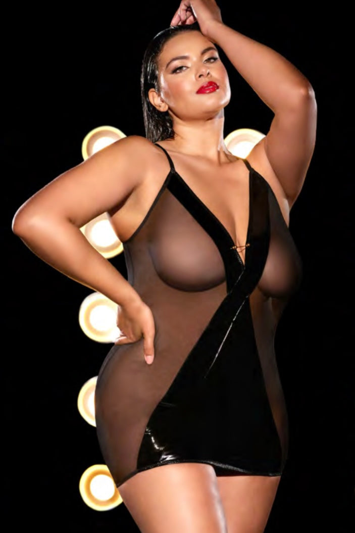 Plus size babydoll with vinyl and mesh