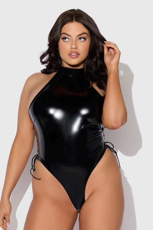 Plus size Trinity patent lace up halter teddy black
